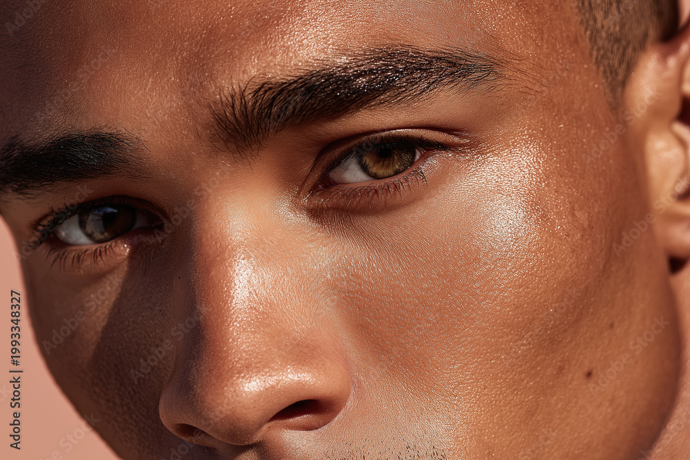 Naklejka premium Dewy radiant close up of male face with smooth brown skin, prominent eyebrow, hazel eye and natural glow conveying calm confidence and relaxed mood