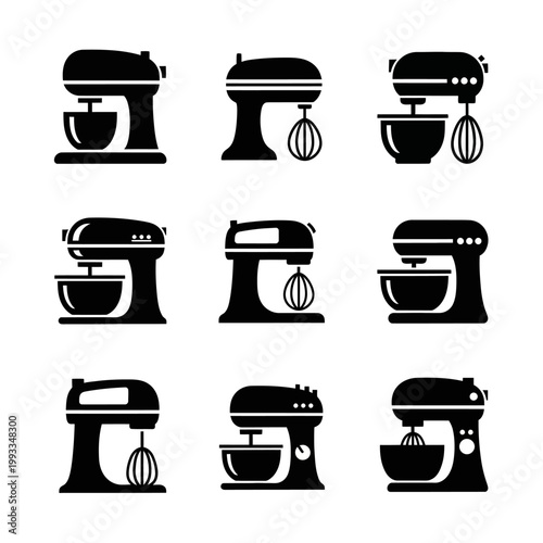 Kitchen Stand Mixer Icons Set: Modern Appliances for Baking and Cooking