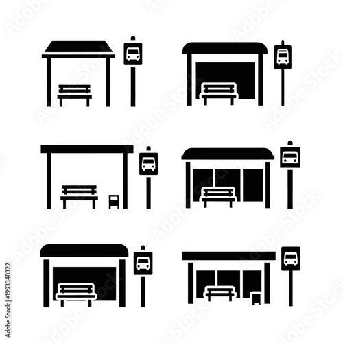 Set of Bus Stop Icons: Modern Shelters with Benches and Signs
