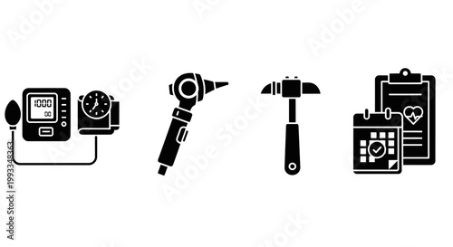 Medical Icons: Blood Pressure Monitor, Otoscope, Reflex Hammer, Calendar, Clipboard