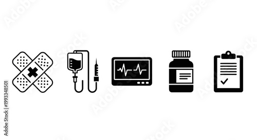 Medical Icons: Bandage, IV Drip, Monitor, Pill Bottle, Clipboard - Healthcare Symbols