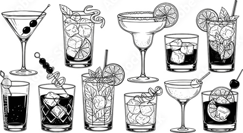 Cocktails set. Alcoholic cocktails icons. Martini cocktail. Set includes martini, mojito, whiskey, wine. Drink glass sign. Icons set for restaurant, pub, bar. Vector illustration 