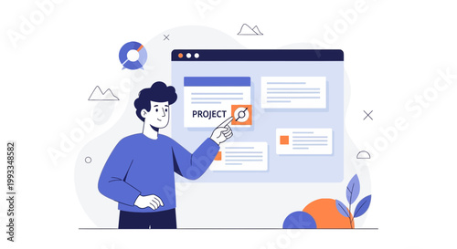 Man pointing at project presentation on screen, business analytics and strategy concept