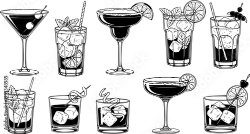 Cocktails set. Alcoholic cocktails icons. Martini cocktail. Set includes martini, mojito, whiskey, wine. Drink glass sign. Icons set for restaurant, pub, bar. Vector illustration 