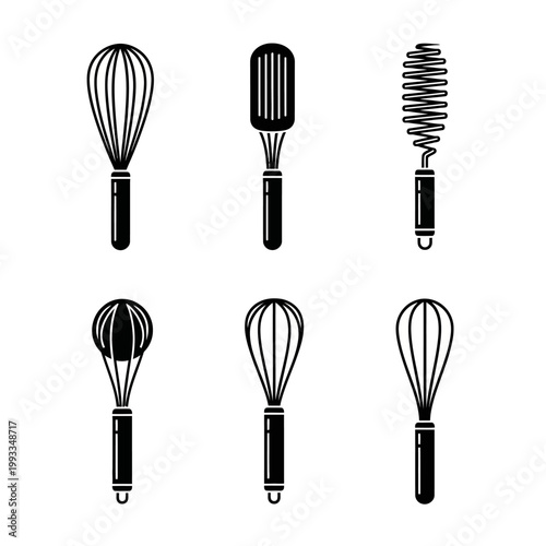 Set of Six Whisk Icons: Kitchen Utensils for Baking and Cooking