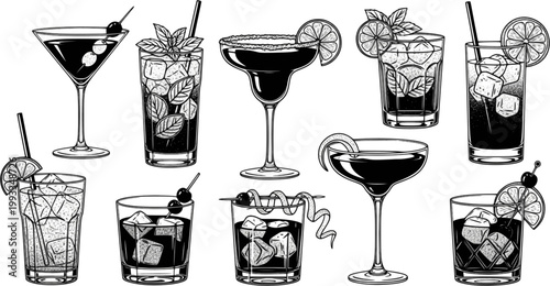 Cocktails set. Alcoholic cocktails icons. Martini cocktail. Set includes martini, mojito, whiskey, wine. Drink glass sign. Icons set for restaurant, pub, bar. Vector illustration 