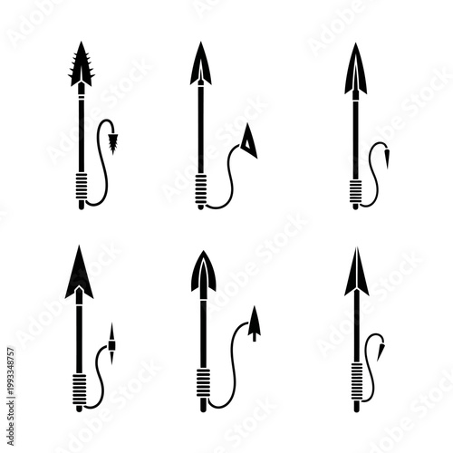 Set of Six Stylized Harpoons with Devil Tails, Black Icons
