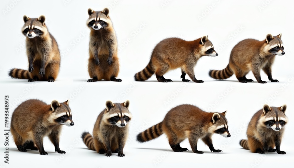 Obraz premium Eight raccoons in different poses on plain white background. Animals display various behaviors like standing, sitting, walking. Characteristic masked faces, ringed tails, exhibiting natural curiosity.