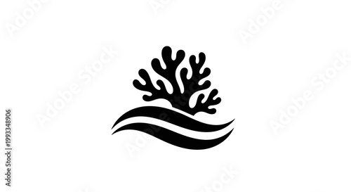 Stylized Coral Branch Icon with Water Waves, Simple Silhouette Design