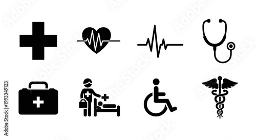 Medical Icons Set: Healthcare Symbols - Cross, Heartbeat, Stethoscope, Caduceus, First Aid