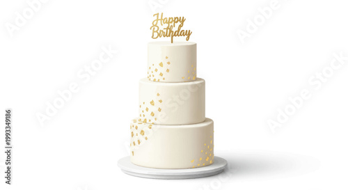 Elegant Three Tier White Birthday Cake with Gold Confetti and "Happy Birthday" Topper