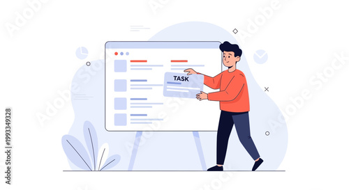 Man presenting task list on whiteboard, project management, planning, strategy, business concept