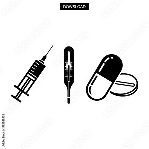 Medical Icons: Syringe, Thermometer, and Pills on White Background