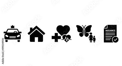Set of Icons Representing Insurance Types: Car, Home, Health, Family, and Document