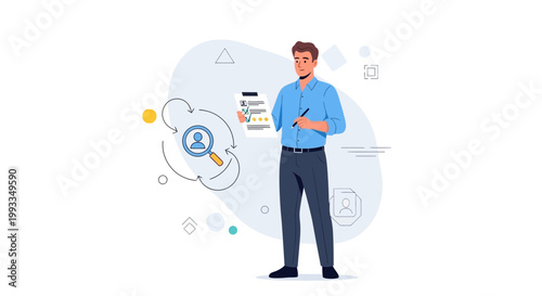 Man reviewing resume and candidate search icons, business concept