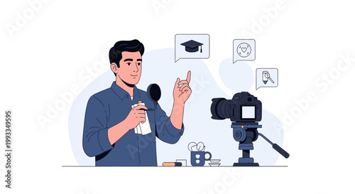 Man recording video with camera and microphone, online education concept
