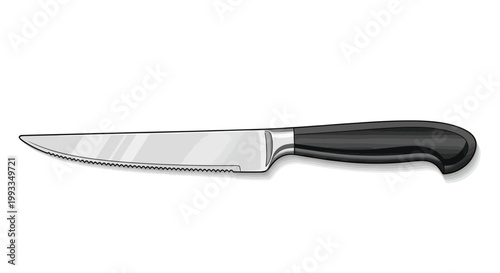 Serrated Steak Knife with Black Handle on White Background