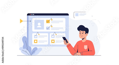 Man using smartphone near digital dashboard with analytics and user profiles