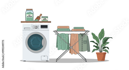 Laundry day: washing machine, drying rack with clothes, and plant