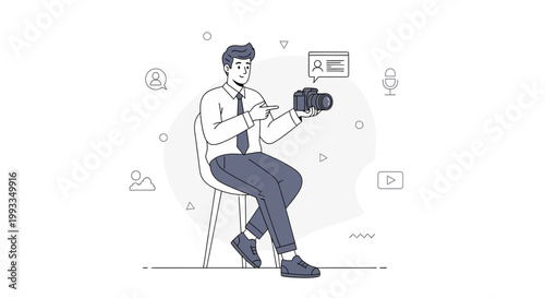 Man with Camera and Social Media Icons, Vlogger Concept