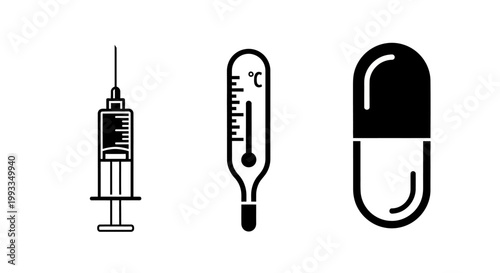 Medical Icons: Syringe, Thermometer, and Pill Capsule on White Background