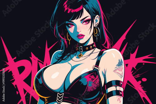 Beautiful Sexy Punk Girl Cartoon Vector Illustration Creative Design Template 