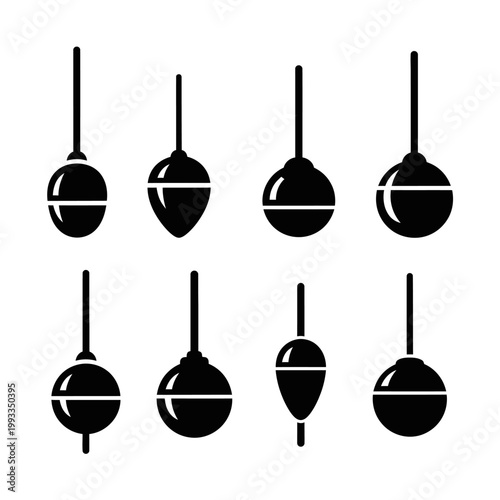 Set of Black Fishing Floats Icons, Different Shapes, Isolated on White Background