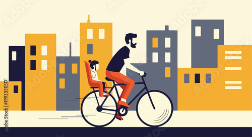 Father Cycling with Child. Illustration. Flat Vector Style. Urban City Background.