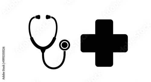Medical Stethoscope and Red Cross Symbol Icon