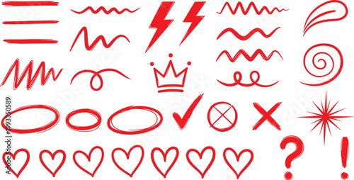 Red hand drawn doodle elements set with hearts arrows circles and exclamation marks for highlight and decoration.