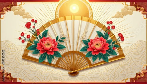 Golden ornate Asian fan features red peony flowers and green leaves. Sunburst and clouds above ornate red and gold border frame. Traditional culture background.