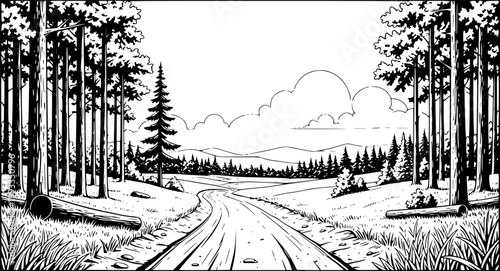 Collection of hand drawn forest elements including trees bushes and rocks in black and white