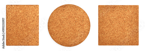 Wooden cork board with natural brown texture shape vector illustration collection, ideal for bulletin displays, office notices, classroom memos and pinboard organization solutions set.