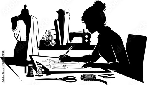 Fashion designer and tailor silhouettes set, clothing fitting scenes with clients, dressmaking studio workflow, sewing machine work and garment consultation isolated vector