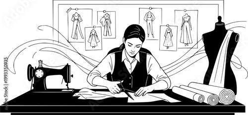 Fashion designer and tailor silhouettes set, clothing fitting scenes with clients, dressmaking studio workflow, sewing machine work and garment consultation isolated vector