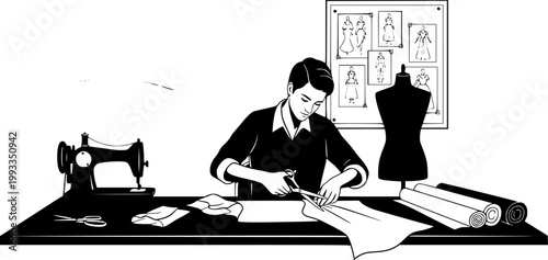 Fashion designer and tailor silhouettes set, clothing fitting scenes with clients, dressmaking studio workflow, sewing machine work and garment consultation isolated vector