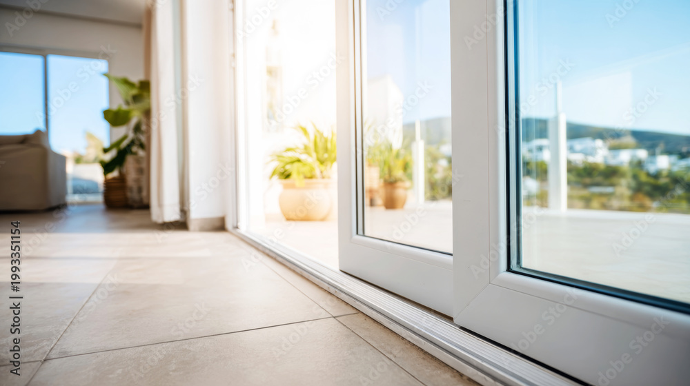 Fototapeta premium Sliding glass door threshold and metal track joining a bright room to an inviting open outdoor patio with potted plants