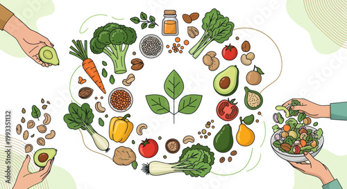Healthy Eating Circle of Fresh Fruits, Vegetables, Nuts, and Seeds