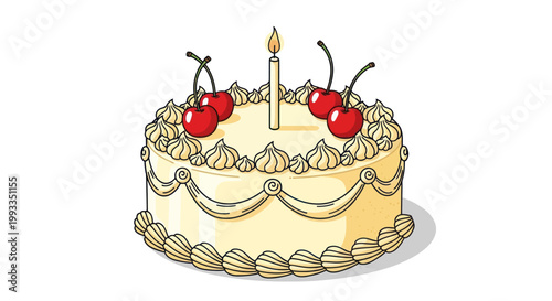 Birthday Cake with Cherries and Candle, Creamy Frosting, Festive Celebration Dessert