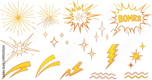 Set of comic book elements including stars explosions and lightning bolts in yellow and orange colors on transparent background.