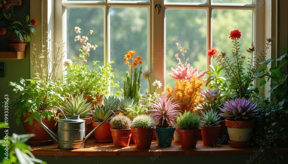 Fototapeta premium Assortment of various potted succulent plants on wooden windowsill. Bright sunlight illuminates colorful flora in containers. Tiny metal watering can sits among green and purple plants.