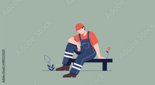 Tired construction worker taking a break, sitting on a bench.