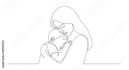Mother Holding Sleeping Baby Line Art - Love, Embrace, Family, Continuous Line Drawing