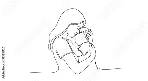 Mother's Love: Minimalist Line Art of Mother Holding Baby, Tender Embrace