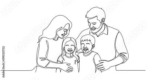 Joyful Family Portrait: Parents and Two Children, Continuous Line Art
