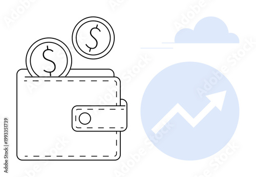 Personal finance, savings management, financial investment, economic growth, budgeting, financial planning. Wallet with coins and upward arrow graph. Personal finance and savings management concept