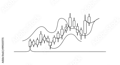 Candlestick chart with moving average lines, financial trading concept, abstract line art