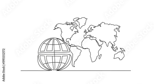 World Map and Globe Line Art: Global Connection, Travel, and International Business Concept