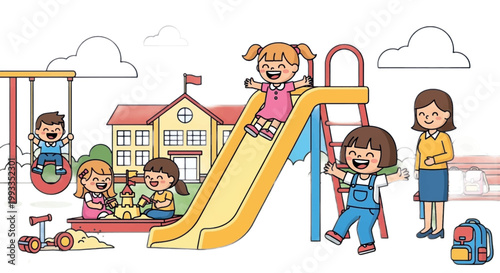 Playful kids on playground, schoolyard fun, children playing, colorful illustration, kids activities