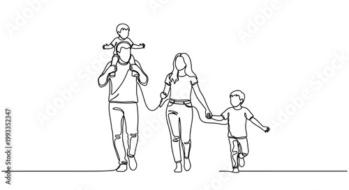 Continuous line drawing of a happy family walking together, father carries son on shoulders, mother holds child's hand.